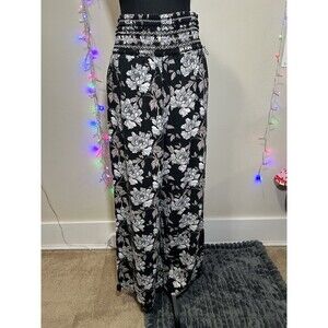 Dahui Hawaii L Tropical Linen Blend Wide Leg Pull-On Pants Smocked Waist Resort